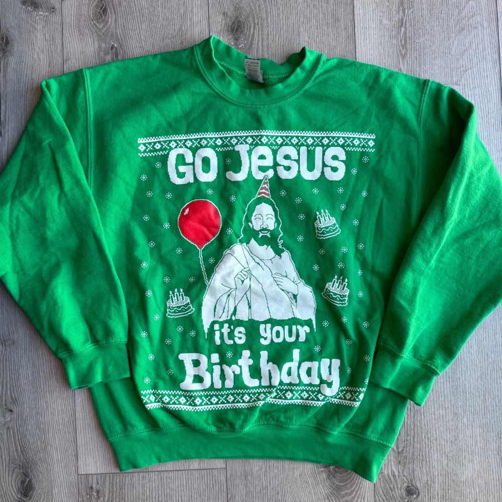Gildan Go Jesus Its Your Birthday Christmas Sweatshirt Green Mens M Ugly Sweater